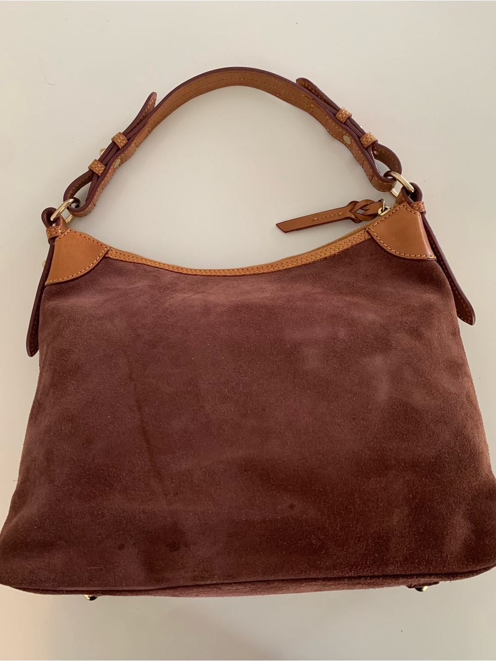 Dooney & Bourke Suede Leather Shoulder Hobo Bag, Brown Wine Slouch Tan Trim - Picture 4 of 14